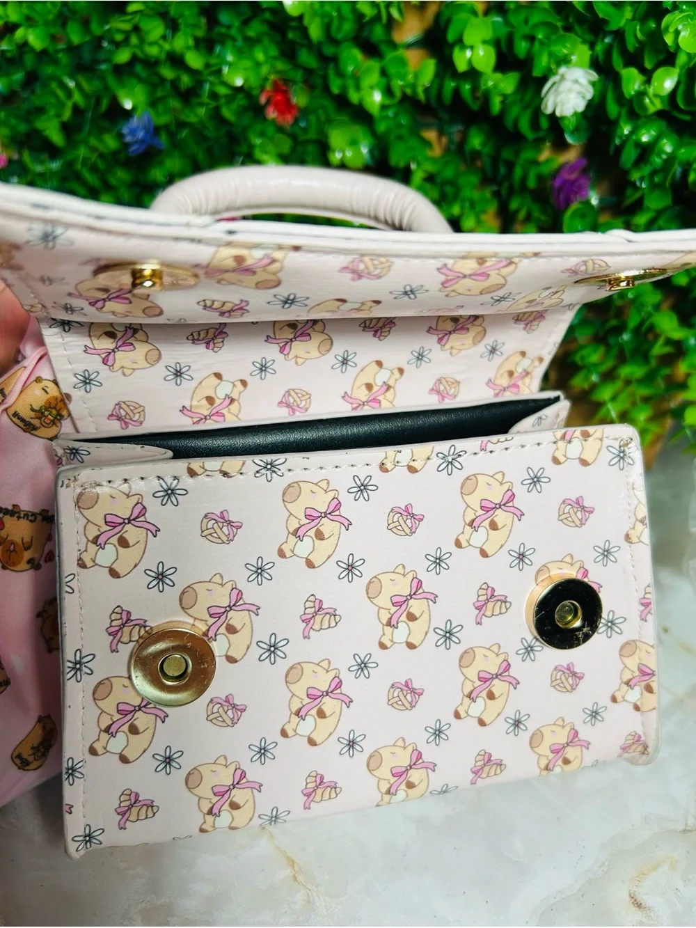 Mini hand bag with charm and pink scarf